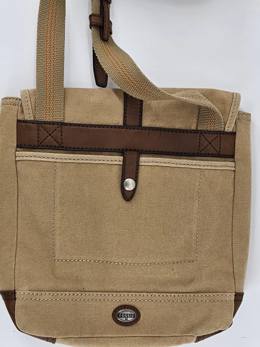 Canvas Fossil Crossbody Messenger Bag - Tan with Brown Faux Leather Trim